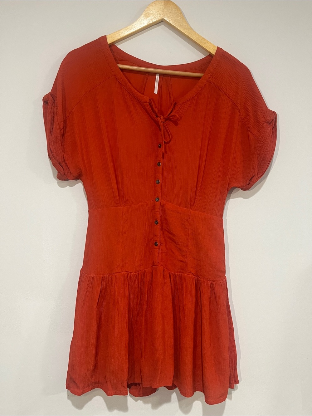 Free People Burnt Orange Short-Sleeve Midi Dress with Button Front